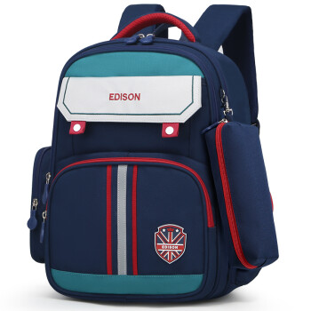 Edison小学生书包减负护脊反光大容量防泼水儿童双肩背包 2312-1红蓝绿