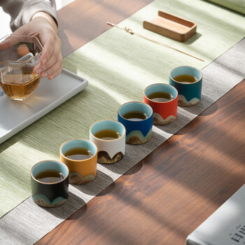 苏氏陶瓷（SUSHI CERAMICS）手绘釉画彩茶杯千里江山六色功夫茶杯节日伴手礼茶具手提礼盒套装