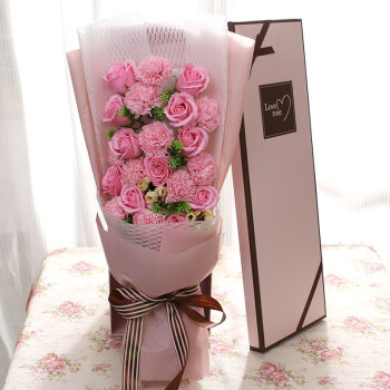娜琪21朵粉玫瑰康乃馨花束礼盒生日礼物鲜同城配送女友闺蜜老婆婆母亲