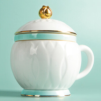 千峰越瓷（qian feng yue ci）高档陶瓷茶杯带盖  320ML宝莲茶杯  四件套装  