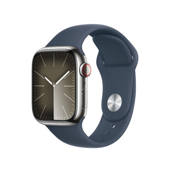 Apple Watch Series 9 智能手表41毫米银色不锈钢表壳风暴蓝色运动型表带S/M【蜂窝款】MRJT3CH/A