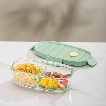可美瑞特（COMATE）高硼硅耐热玻璃饭盒可微波加热上班带饭餐莫兰迪绿椭圆二隔730ml