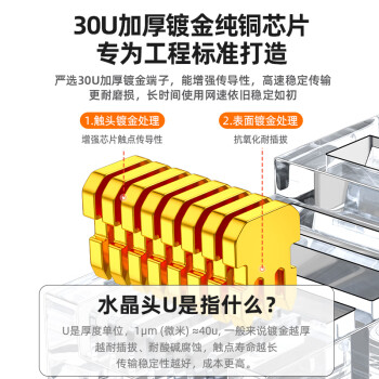 山泽 工程级六类30U镀金非屏蔽水晶头 6类RJ45电脑网络宽带连接头 千兆网线水晶头 100个 SJ-C06