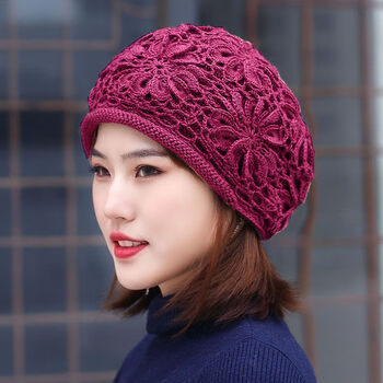 新品帽帽子女秋时尚钩花网眼镂空头巾帽包头妈妈帽毛线帽仿羊毛针织帽