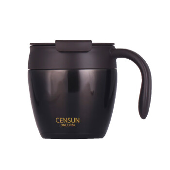 先行（CENSUN）咖啡杯320ml双层带手柄带盖子 黑色 320ml