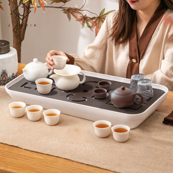 建厦 JIANXIA 茶盘茶托 茶台茶海功夫茶具小型家用干泡桌面茶杯子储水沥水简易日式长方形托盘 白咖色J-511
