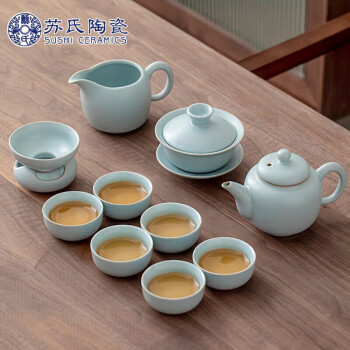 苏氏陶瓷 苏氏（SUSHI CERAMICS）汝窑茶具套装可开片三才盖碗功夫茶杯壶茶具