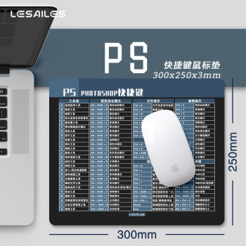 飞遁LESAILES300*250*3mm PS快捷键大全中小号鼠标垫 锁边加厚办公电脑键盘桌垫 蓝色