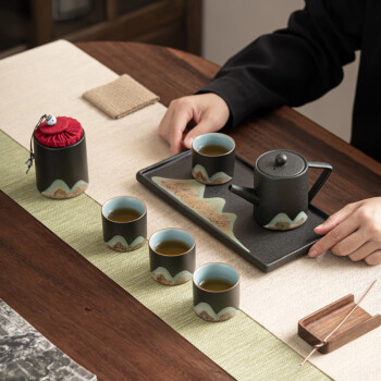 苏氏陶瓷手绘彩画整套茶具配干泡茶盘小茶叶罐7件功夫茶杯子茶具礼盒套装