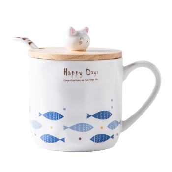 瓷魂 陶瓷马克杯子咖啡杯 可爱小猫幻想鱼带盖勺水杯380ML 一群鱼