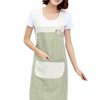 利得韩版时尚棉麻围裙 小熊双层防水围裙 条纹小清新绿 厨房可爱做饭烘焙