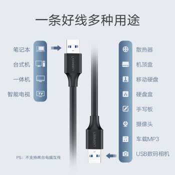绿联（UGREEN）USB3.0数据线公对公 移动硬盘盒高速传输双公头连接线 笔记本接散热器机顶盒 0.5米 黑 60524