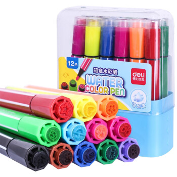 得力12色大容量印章可洗儿童涂鸦孩子绘画粗杆画画套装新年礼物水彩笔70652（12支/盒）（包装蓝色）