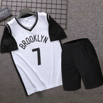 茂铃篮球服套装篮网队7号球衣假两件短袖休闲款男女情侣款球服白色黑