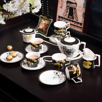 奥唯咖啡具套装 欧式陶瓷咖啡具下午茶茶具茶杯套装送礼 水墨金楼15头