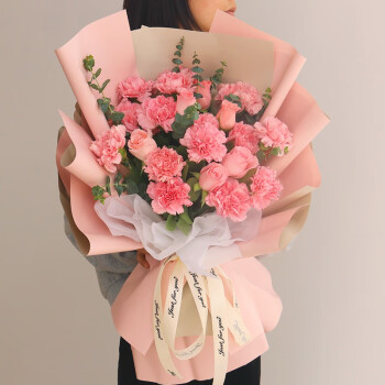 妈妈岳母老婆同城配送预定日期送花上门19朵粉玫瑰康乃馨混搭母亲节款