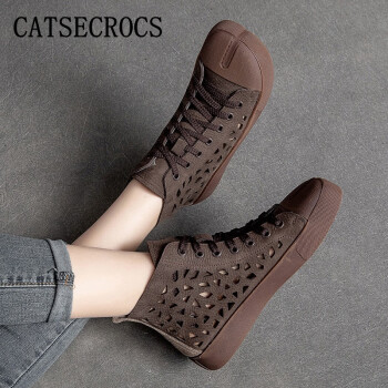 catsecrocs轻奢品牌女靴春夏季复古牛皮镂空高帮鞋女短靴薄款头层牛皮