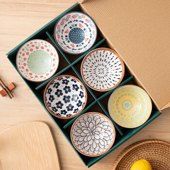 佩尔森釉下彩中式礼盒装陶瓷米饭碗家用碗碟套装 藤编春晓4.5碗6只装