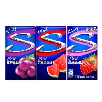 炫迈（Stride） 口香糖(炫紫葡萄+酸甜草莓+水蜜西瓜各1盒)28片/盒 办公室零食