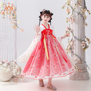 耀王女童汉服中大童唐装襦裙中国风裙子儿童演出服YR-YJ952 红色 120