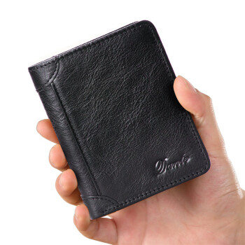 Dante男士钱包头层牛皮 钱夹 防盗刷卡复古黑色（三折+防盗刷卡）