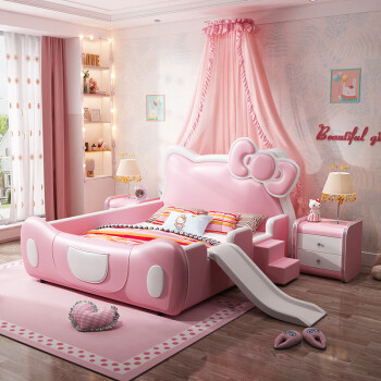 网红床个性床猫咪床公主床少女梦幻城堡带护栏卡通粉色滑梯宝宝床家具