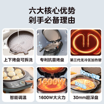 美的(Midea)家用双面加热加深大火力上下盘可拆洗烙饼煎饼三明治早餐机蒸汽煎烤电饼铛JKS3072