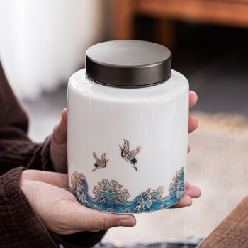 茶艺贵族祥鹤观海茶叶罐锡盖(亮光)德化白瓷密封罐家用防潮存茶罐单个储物