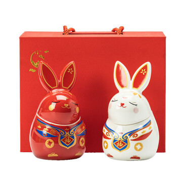 畅宝森德化陶瓷兔子茶叶罐红白套装送礼节庆/盒 礼盒装 BC