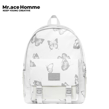 Mr.ace Hommemrace发光蝴蝶双肩包女大学生书包高级感休闲大容量电脑背包 白色