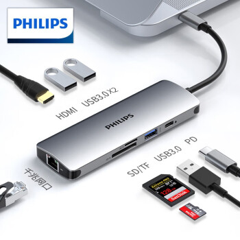 飞利浦（PHILIPS）Type-C扩展坞USB-C转HDMI分线器网线口读卡器3.5mm音频拓展坞智能手机15PRO笔记本电脑转换器 八合一/hdmi+网口+Pd+USBx3+读卡