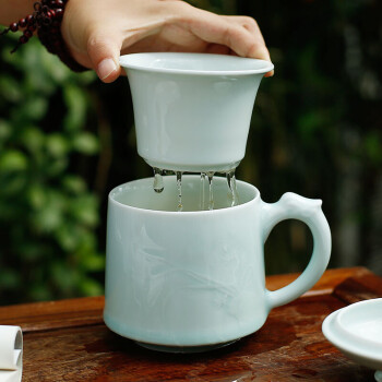昌南茶杯 景德镇陶瓷雕刻茶水分离泡水杯带盖茶具办公室杯子 龙头兰花