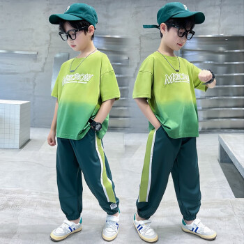 奥米鼠童装男童套装夏季新款夏装中大童学生男孩衣服韩版短袖T恤两件套8 绿色 120