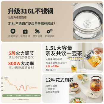 九阳（Joyoung）养生壶 1.5L煮茶壶煮茶器 玻璃花茶壶 316不锈钢烧水壶电热水壶 K15D-WY301