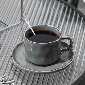小月丫咖啡杯碟套装 现代轻奢风客厅餐厅高档水具套装 深灰色单杯配碟勺