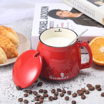 贝瑟斯 创意陶瓷杯马克杯带盖带勺牛奶杯早餐杯陶瓷杯子 咖啡杯套装 办公室水杯子喝水杯麦片杯 红色