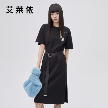 艾莱依时尚收腰连衣裙女春款女装2022年小众设计高级感气质裙黑色155