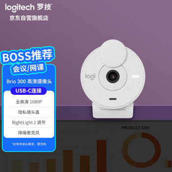 罗技（logitech）Brio 300 全高清网络摄像头 电脑笔记本视频摄像头 会议网课摄像头 珍珠白