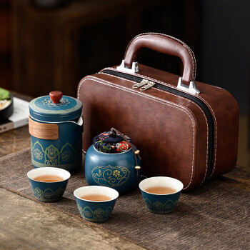 茶循 功夫茶具套装 旅行茶具便携式 蓝/古韵一壶三杯+茶叶罐/皮包装