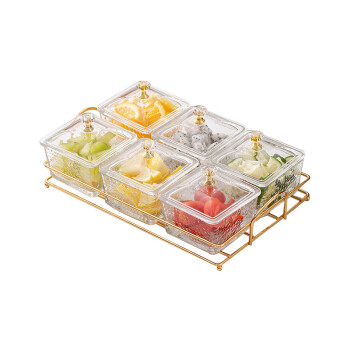 丹诗致远 玻璃分隔水果盘商用零食点心小吃碟盘子 带盖透明六格+架子