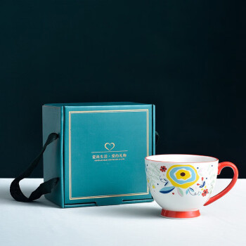 小月丫牛奶燕麦片早餐杯咖啡杯大容量手绘陶瓷马克杯礼盒装 蓝黄花450ml