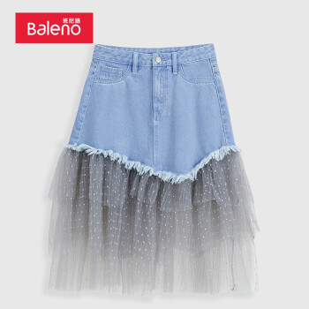 班尼路baleno2022春季日系甜美拼接网纱牛仔半身裙女休闲中裙003d蓝色