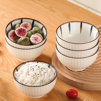 可美瑞特陶瓷碗釉下彩4.5英寸米饭碗日式创意面碗6只微波炉可用 优雅线条