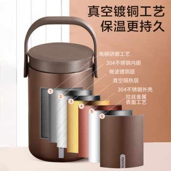 九阳（Joyoung）保温提锅2L大容量真空保温桶多层便携便当盒棕色B20T-WR765(棕)