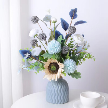 行湘仿真花花艺套装欧式假花干花束摆件装饰 蓝色网格瓶+蓝色花束