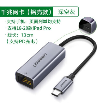 绿联 Type-C转RJ45千兆网口 USB-C网线转接头转换器适用电脑笔记本USB外置网卡支持PD充电 60550
