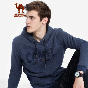 骆驼（CAMEL）男装 春季青年时尚韩版休闲连帽加绒字母印花卫衣男 蓝灰 XL