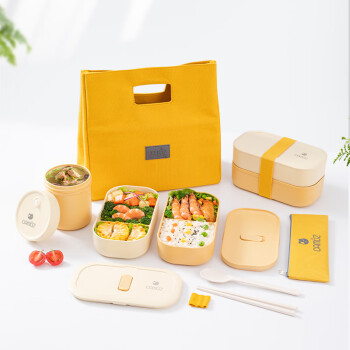昌木子（CAMUZ）双层饭盒 上班族便当盒可微波炉加热专用 分隔日式餐盒 黄色套装