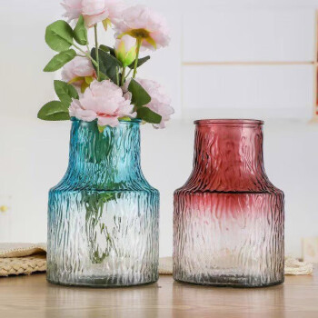 盛世泰堡玻璃花瓶透明富贵竹水培容器大花瓶客厅桌面装饰摆件蓝色冰纹19cm