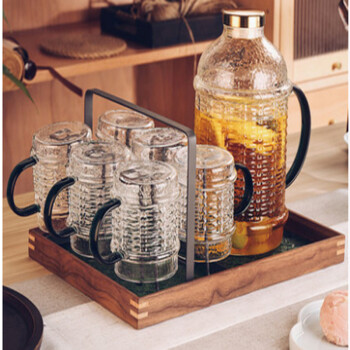 致仕（ZISIZ）复古中式玻璃杯带把手套装家用客厅家庭茶具6支装+中式杯架+胡桃木透明托盘+2000ml壶
